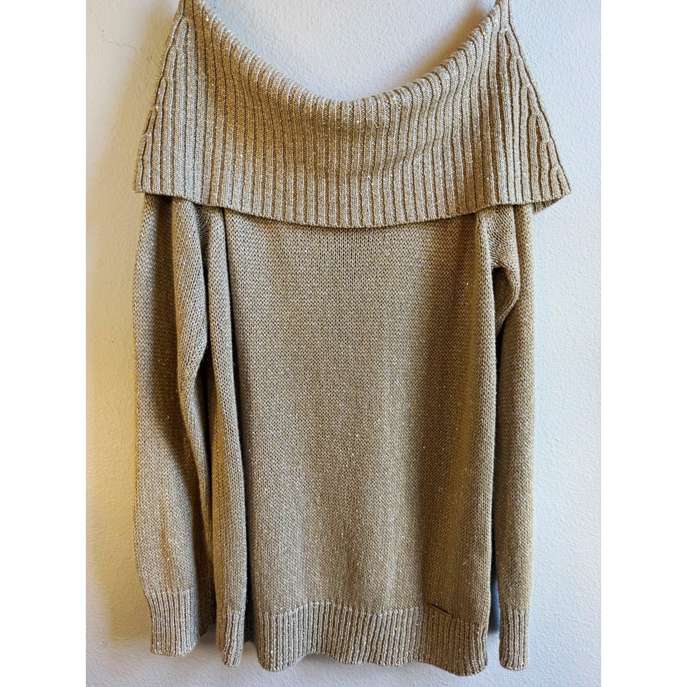 Michael Kors Women's L Beige Knit Pullover Sweater Cowl Neck Sequin Long Sleeve